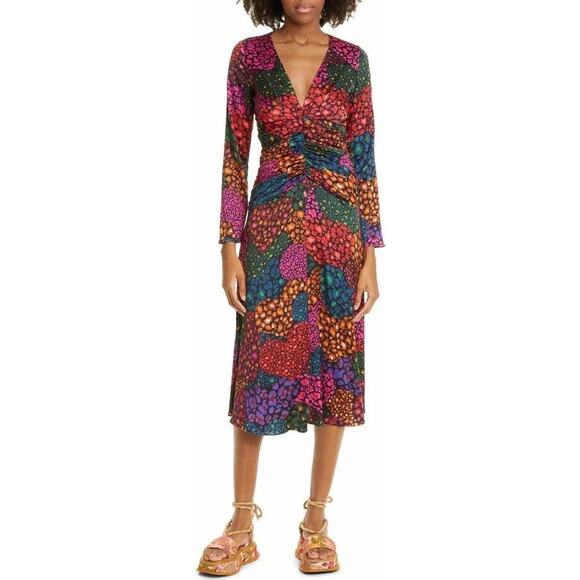 Farm Rio Rainbow Hearts Print Viscose Long Sleeve V-Neck Midi Dress Size  Small